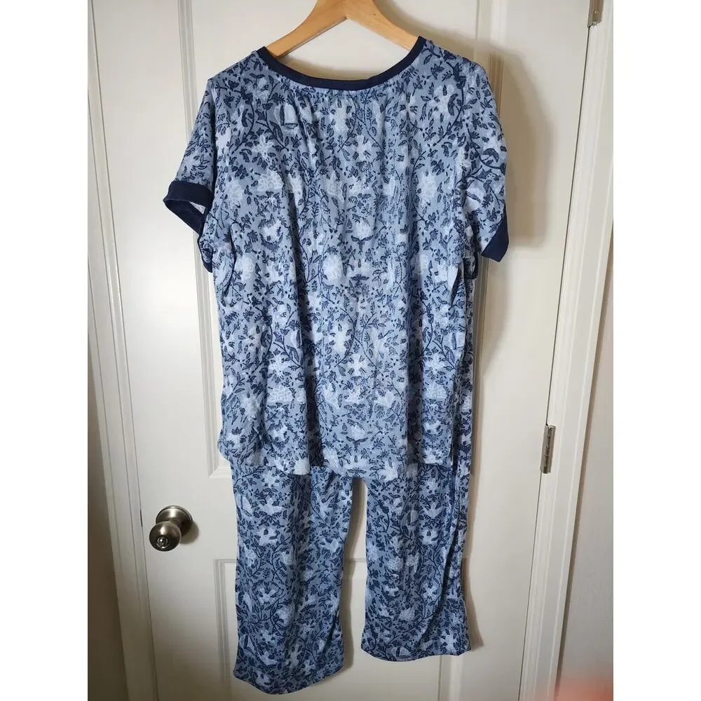 3 piece LUCKY BRAND Blue White Floral Pajama Set (top, shorts, pants) SZ XXL - Picture 2 of 10